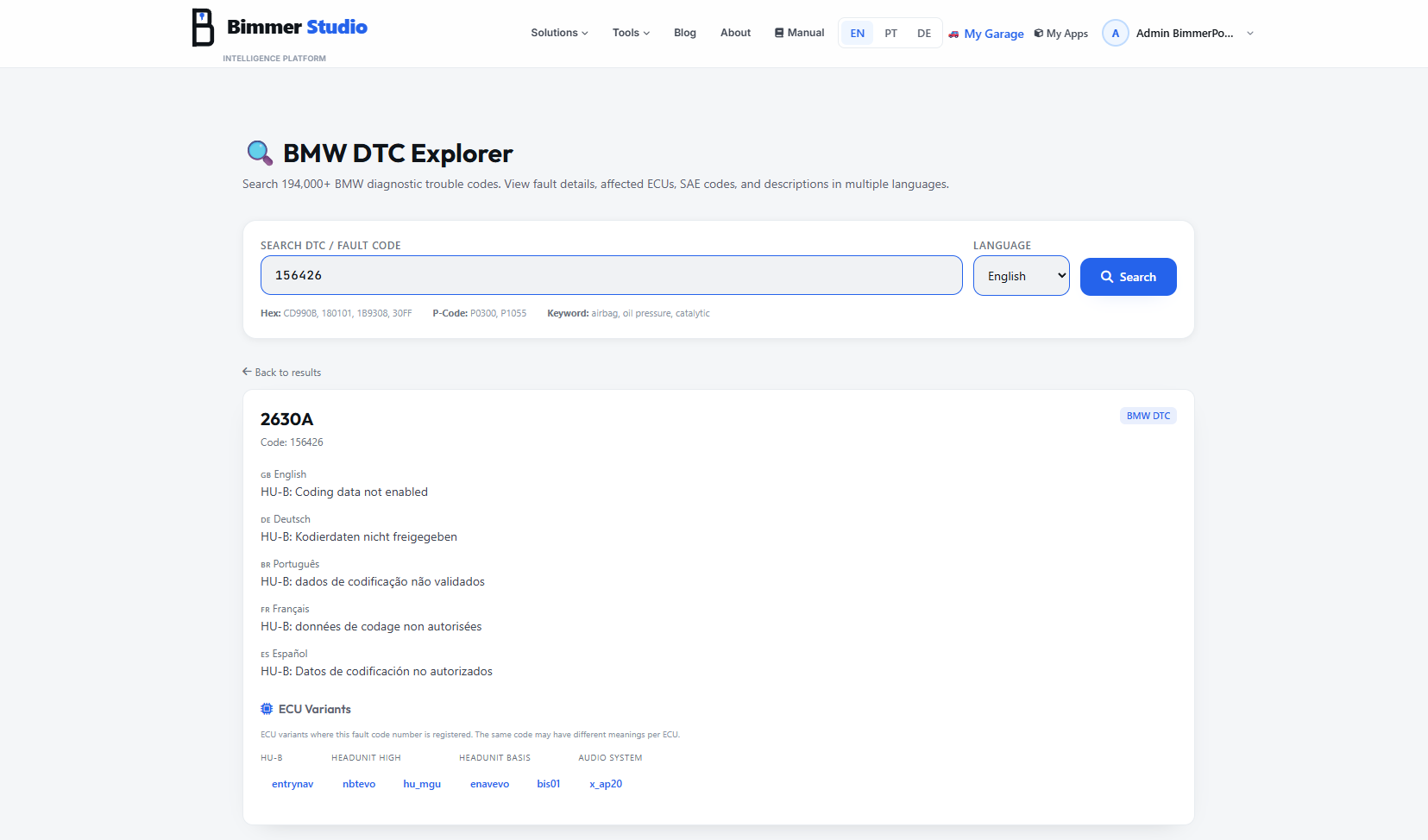 DTC Explorer page for code 156426 with multilingual descriptions and ECU variants