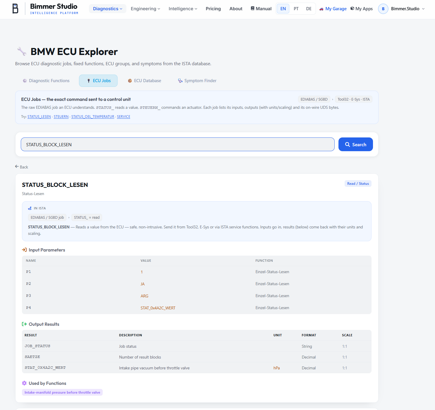 ECU Jobs tab � EDIABAS jobs with parameters and results