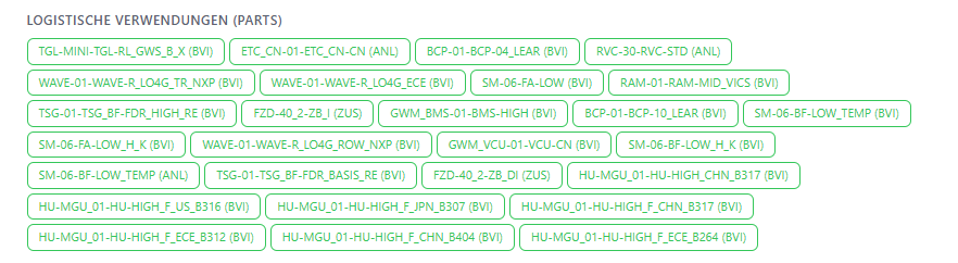 Logistische Verwendungen section showing 25+ vehicle part references for SGBM 000056EA
