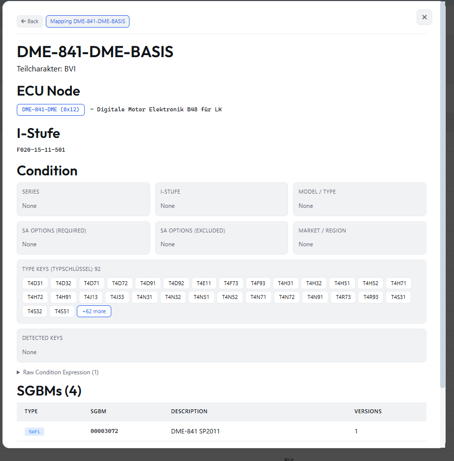 Mapping DME-841-DME-BASIS detail panel with ECU node conditions type keys and SGBMs