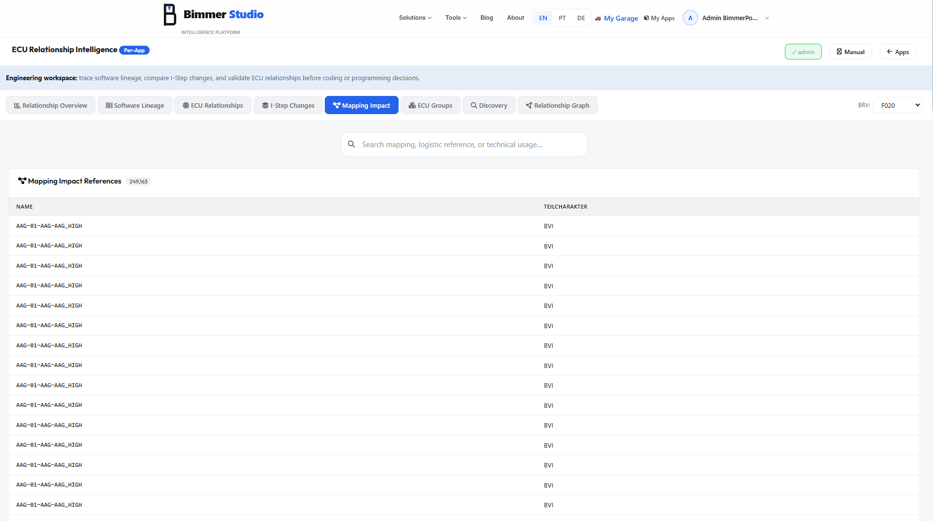 Mapping Impact tab showing 249163 logistic references for BRV F020